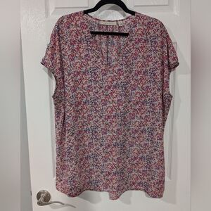 Sejour Pink Multicolored Dots V-Neck Short Sleeve Blouse in Size 1X